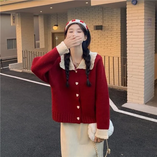 Women's Retro Lazy Style Loose Short Cardigan Doll Collar Christmas Sweater Sweater Red - Shop at LoveMi