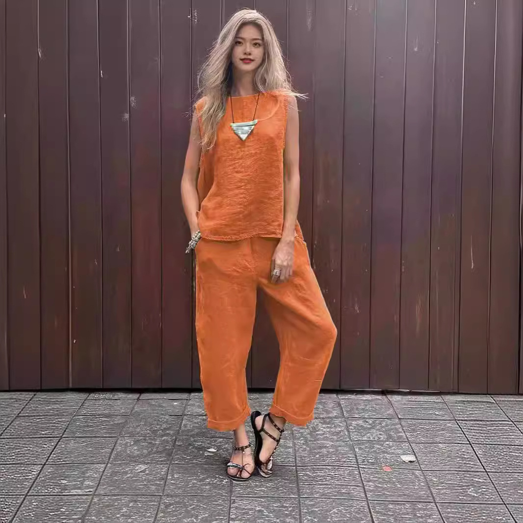 Cotton And Linen Fashion Casual Loose Two piece Suit Sleeveless Top Loose Trousers Women's Suit Orange - Shop at LoveMi