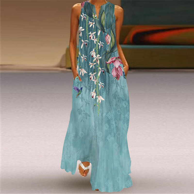 Women's Casual Simple Sleeveless V-neck Printed Dress