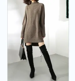 Women's Autumn Half Turtleneck Colour-matching Dress Sweater - Dark Camel - View 1