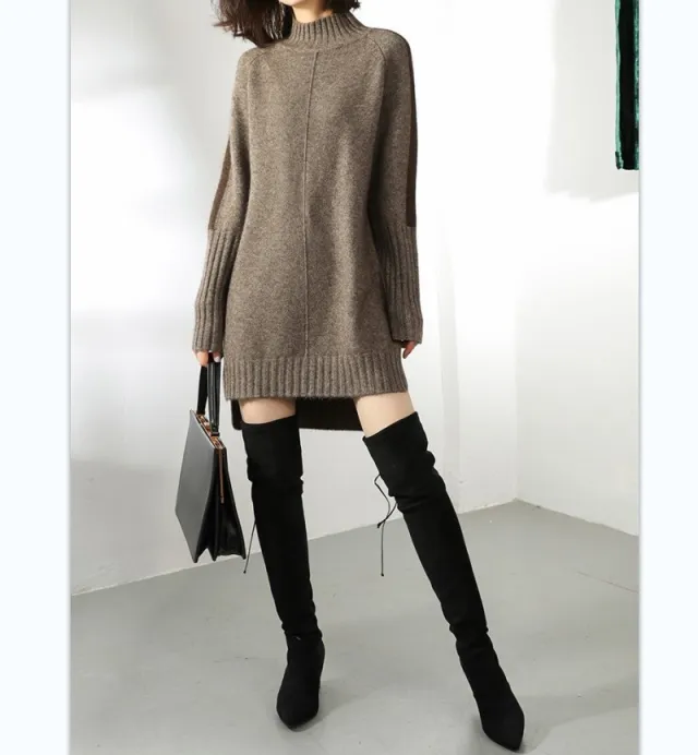 Women's Autumn Half Turtleneck Color matching Dress Sweater Dark Camel - Shop at LoveMi