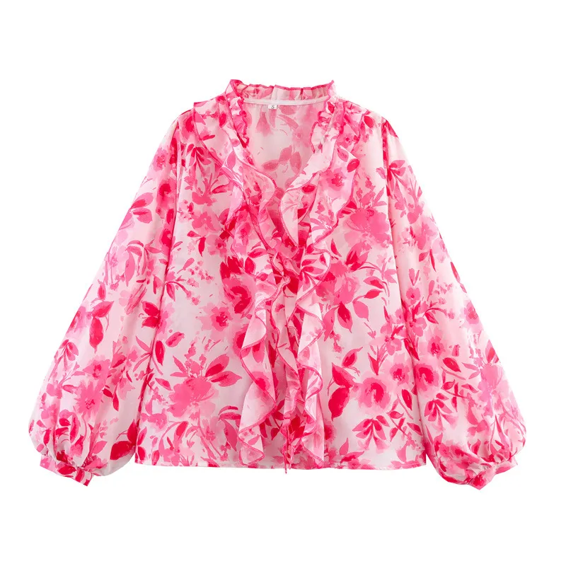 Floral Print Long Sleeve Laminated Decoration Long Sleeve Shirt - Floral