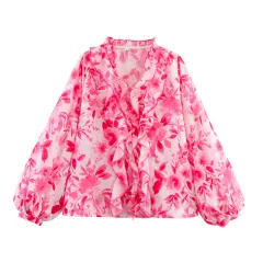 Floral Print Long Sleeve Laminated Decoration Long Sleeve Shirt - Floral - View 1