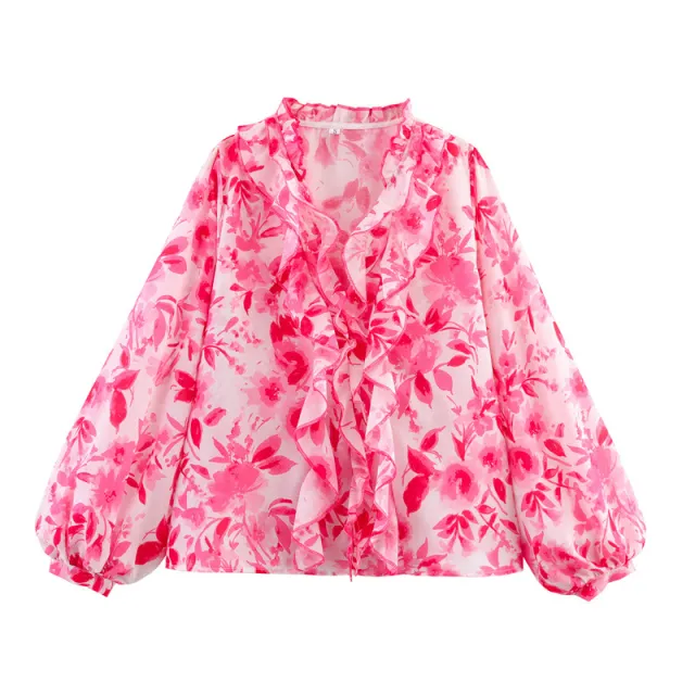 Floral Print Long Sleeve Laminated Decoration Long Sleeve Shirt - Shop at LoveMi