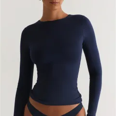 Women's Irregular Slim Fit Bottoming Top T-shirt - Navy - View 1