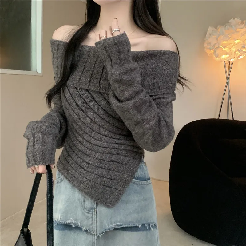 Lazy Style Long Sleeve Off-shoulder Sweater For Women - Gray