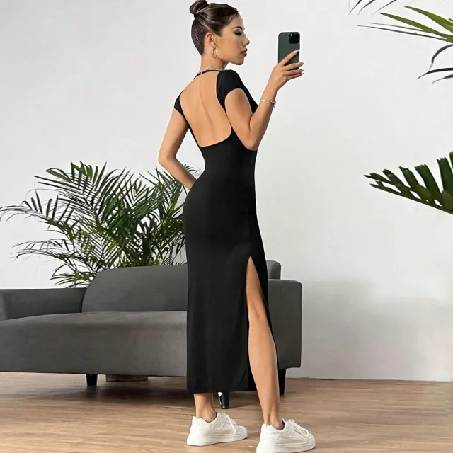 Slim fit Sexy Backless High slit Sleeveless Dress Black - Shop at LoveMi