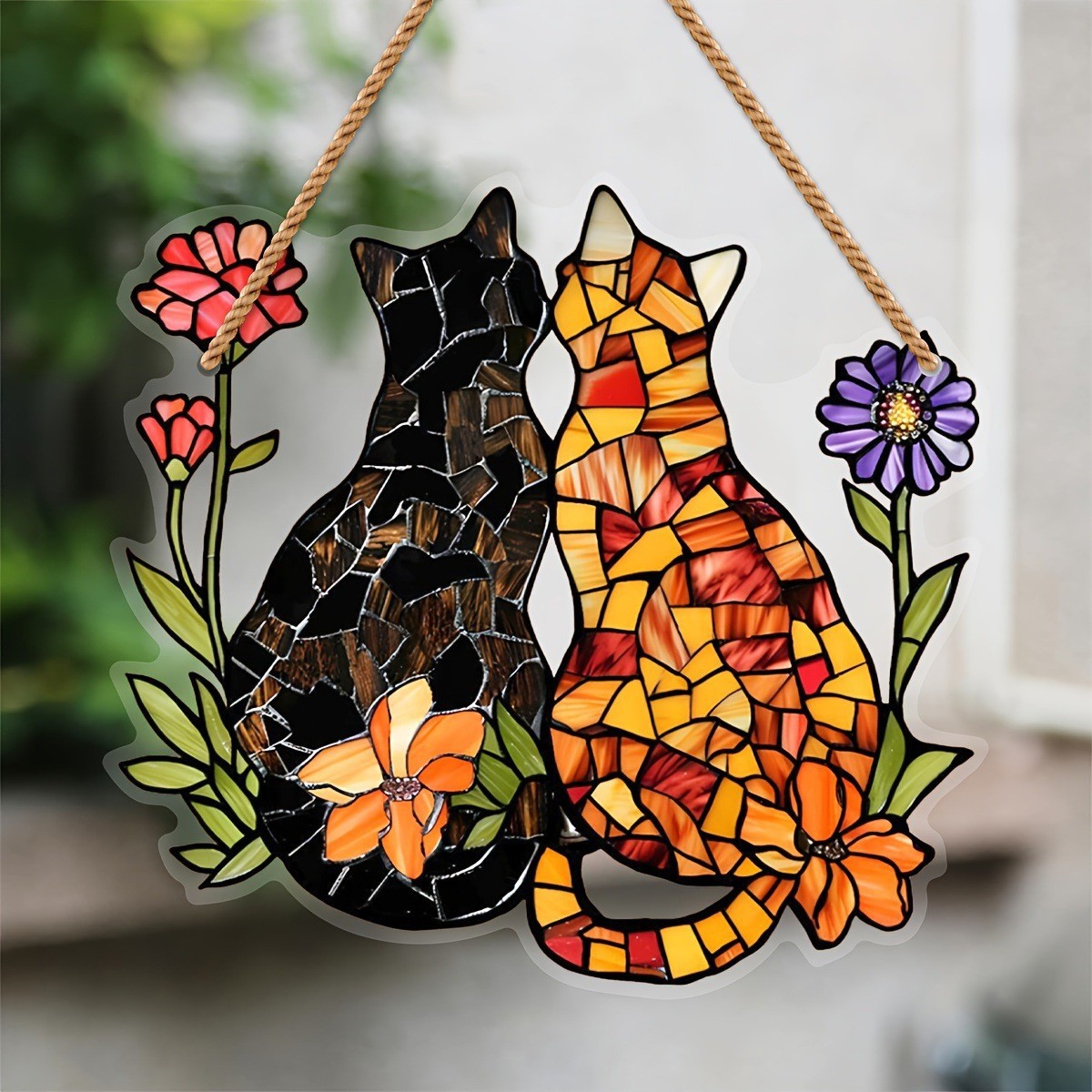 Acrylic Garden Friendship Cat Curtain Decor With Rope Hanging Pendant