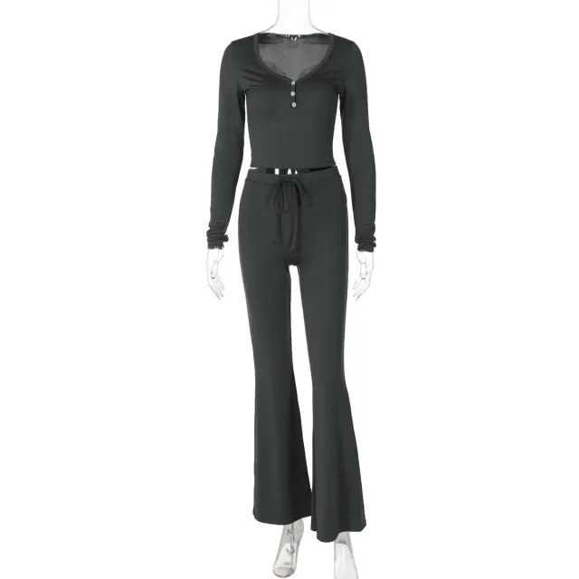 European And American Solid Color Long Sleeve Fashion Drawstring Trousers Two piece Suit Dark Gray - Shop at LoveMi