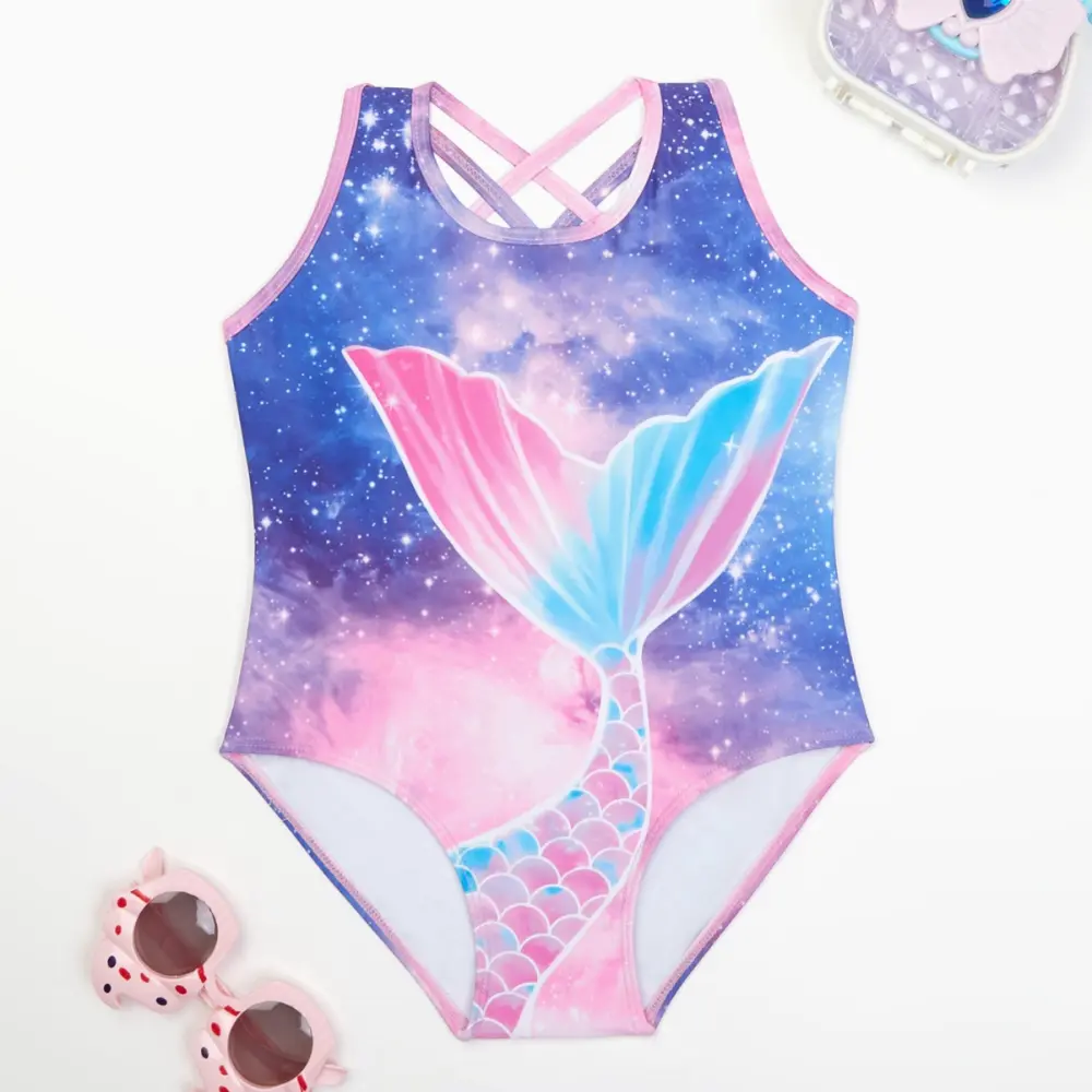 Girls Mermaid Print One Piece Swimsuit Cross Back Design