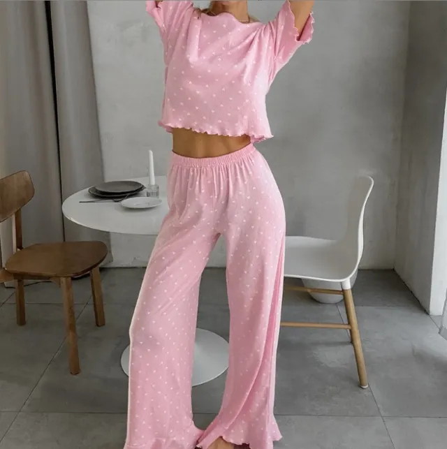 Loose Knitted Polka Dot Pajamas Two piece Set Pink - Shop at LoveMi