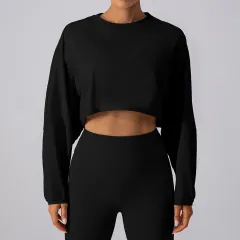 Women's Short Sports Round Neck Sweater T-shirt - Black - View 1