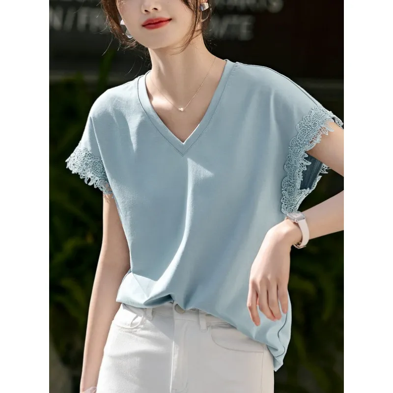 Women's Chic V-neck Short-sleeved T-shirt - Picture Color-M