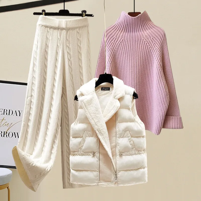 Autumn And Winter Women's Sweater Vest Pants Suit - Pink