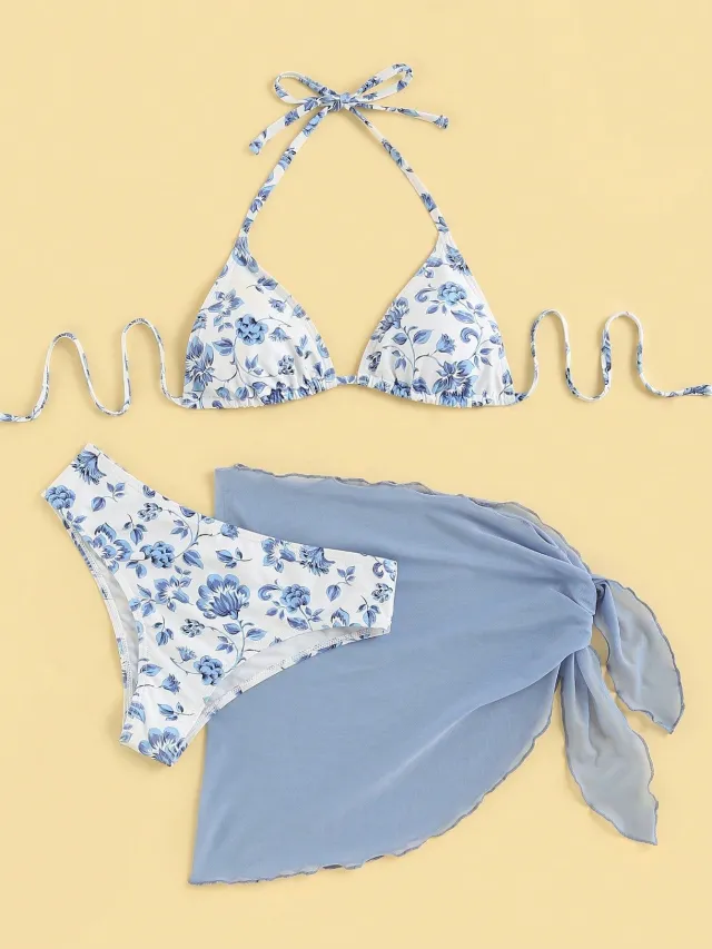Small Floral Tie neck Three piece Bikini Split Swimsuit Swimwear Women Blue - Shop at LoveMi