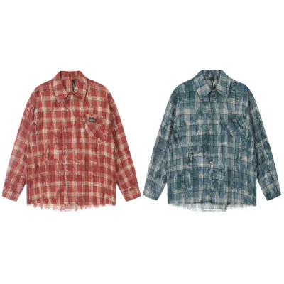 Distressed Tie-dyed Plaid Long-sleeved Shirt Men's Fashion Brand