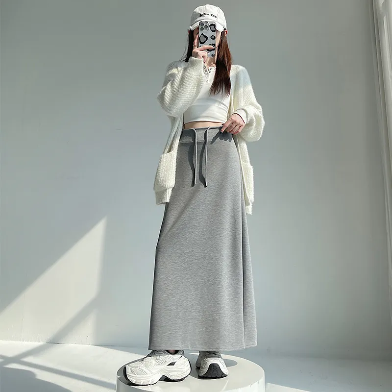 Gray Athletic High-waist Straight-leg Slit A-line Maxi Skirt - Gray
