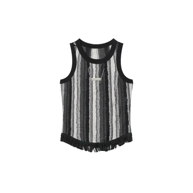 Color Matching Vertical Wide Striped Fringed Hem Round Neck Sleeveless Women's Casual Vest Gray - Shop at LoveMi