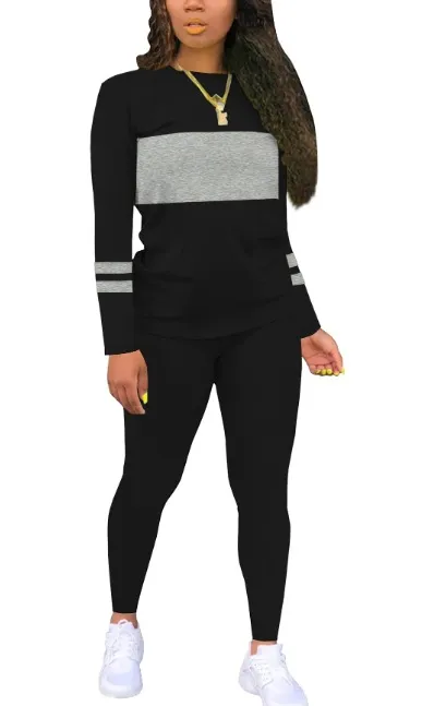 Color Matching Round Neck Long Sleeve Top With Tight Trousers Suit Two piece Set Black - Shop at LoveMi