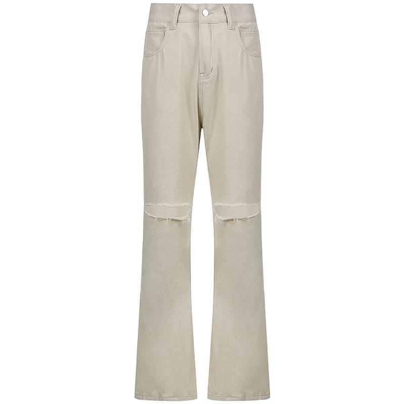 Casual Wide leg Pants Ripped High waist Denim Trousers Skin Color - Shop at LoveMi