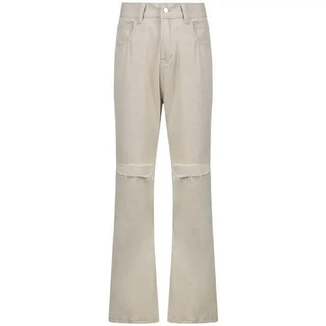 Casual Wide leg Pants Ripped High waist Denim Trousers Skin Color - Shop at LoveMi
