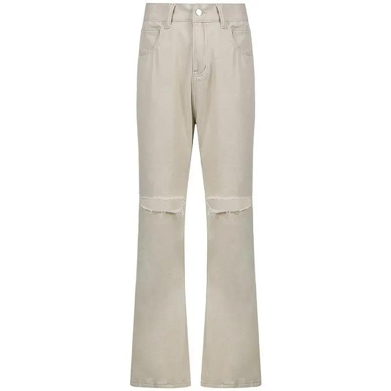 Casual Wide-leg Pants Ripped High-waist Denim Trousers - Skin Color