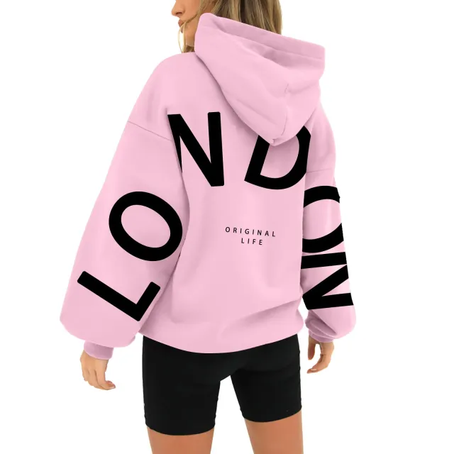 Printed Long Sleeve Loose Pockets Hooded Sweater Pink - Shop at LoveMi