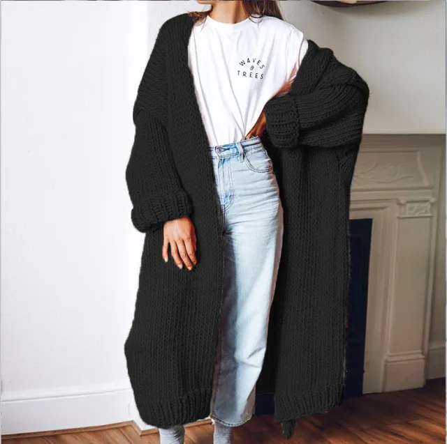 Long Solid Color Plus Size Loose Cardigan Sweater Coat Black - Shop at LoveMi