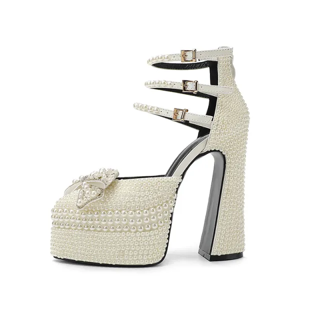 Thick High Heel Thick Platform Muffin Pearl Pointed Sandals Cream - Shop at LoveMi