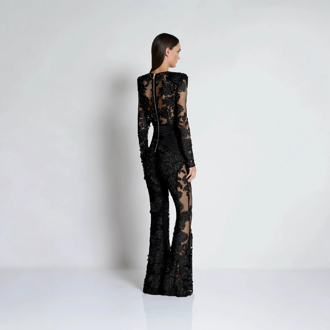 Elegant V-neck One-piece Trousers Stitching Lace Rhinestone Long Sleeve Evening Dress