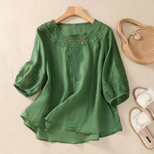 Spring And Summer Loose Artistic Vintage Cotton And Linen Embroidered Shirt - Green C29