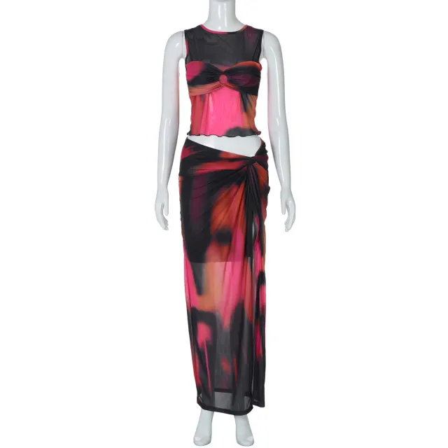 Women's Sleeveless Printed Mesh Half length Long Dress Suit Red - Shop at LoveMi