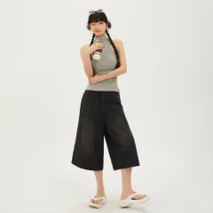 American Retro High Waist Loose Wide Leg Pants Versatile Cropped Pants Shorts Straight - Grey - View 1