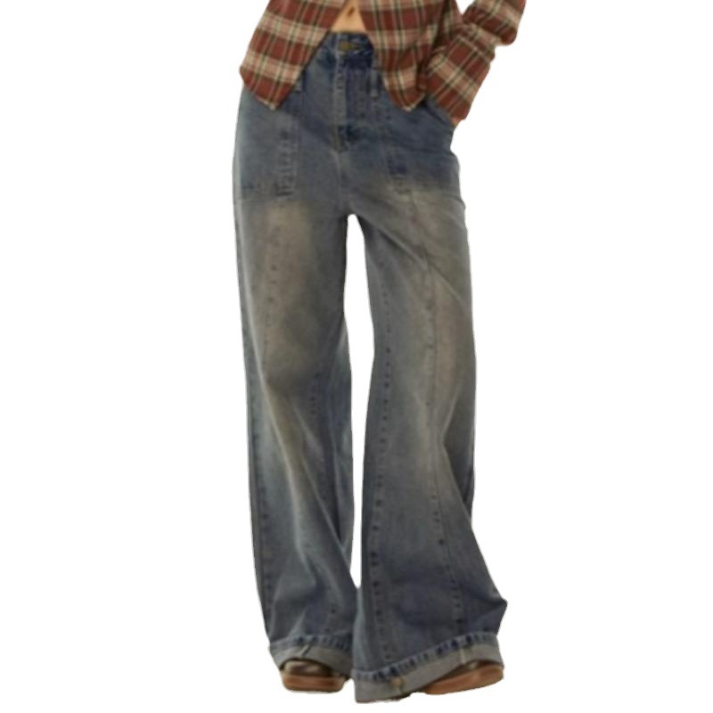 Thin Gradient Vintage Jeans Women Loose Wide-leg Straight Pants