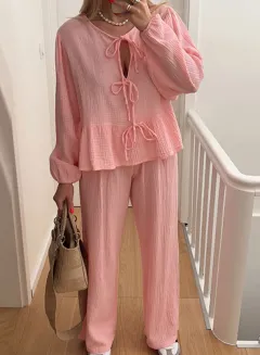 Fashion Casual Lantern Sleeve Lace-up Top Suit - Pink - View 1