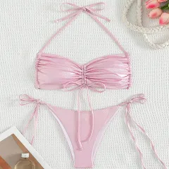 Bikini Drawstring Strap Swimsuit Reflective Women - Pink - View 1