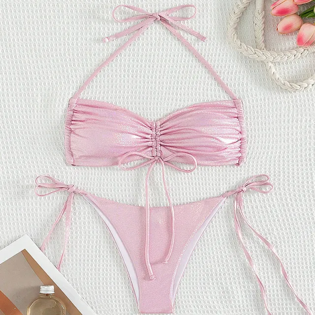 Bikini Drawstring Strap Swimsuit Reflective Women Pink - Shop at LoveMi