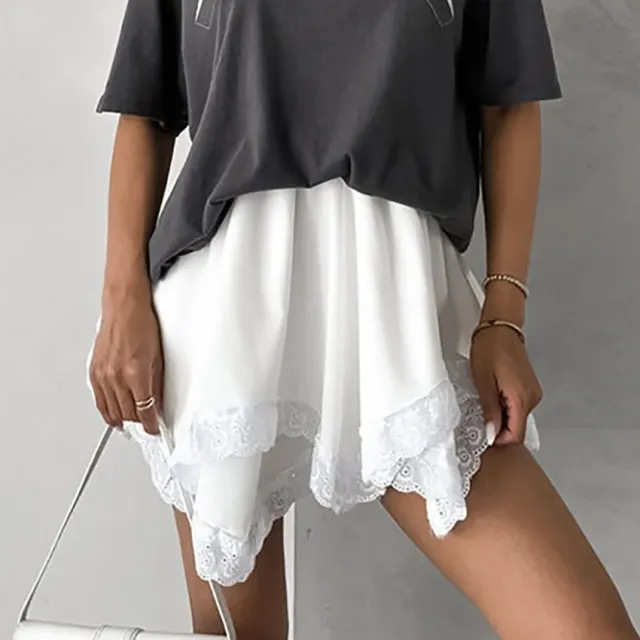 Women's Design Stitching Lace Double layer High Waist Chiffon Skirt White - Shop at LoveMi