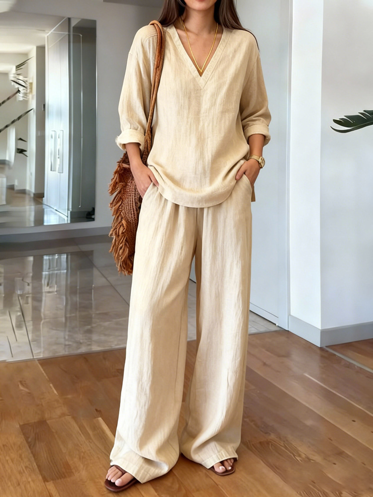 White long sleeve top and full-length pants two-piece set – solid color elegant casual women's fashion