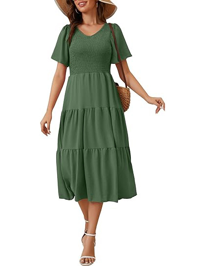 Spring Summer Short Sleeve V Neck Ruffled Dress Green - Shop at LoveMi