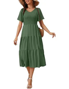 Spring Summer Short Sleeve V-Neck Ruffled Dress - Green - View 1