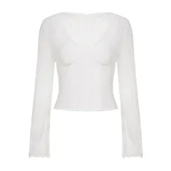 Women's Lace Sheer Top With Flared Sleeves And Cropped Design - White - View 1