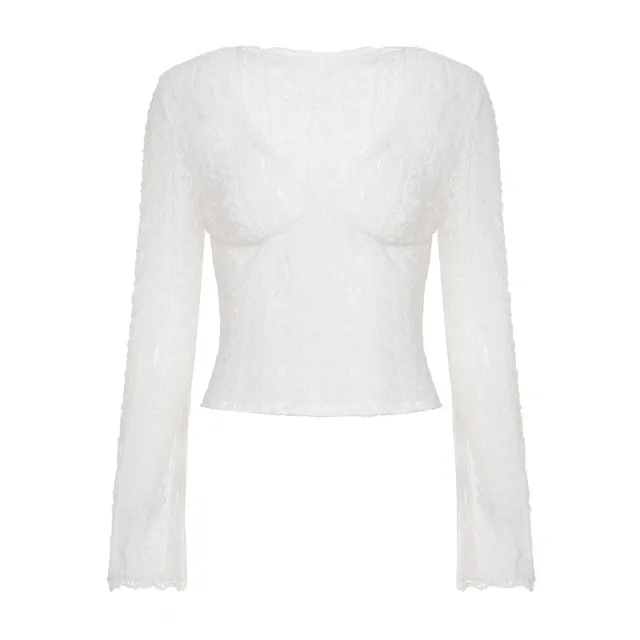 Women's Lace Sheer Top With Flared Sleeves And Cropped Design White - Shop at LoveMi