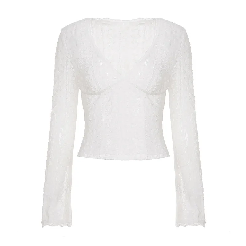 Women's Lace Sheer Top With Flared Sleeves And Cropped Design - White