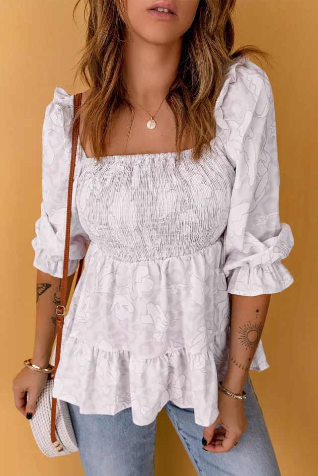 Ruffled Pleated Su Fold Printed Square Collar Short Sleeve Top White - Shop at LoveMi