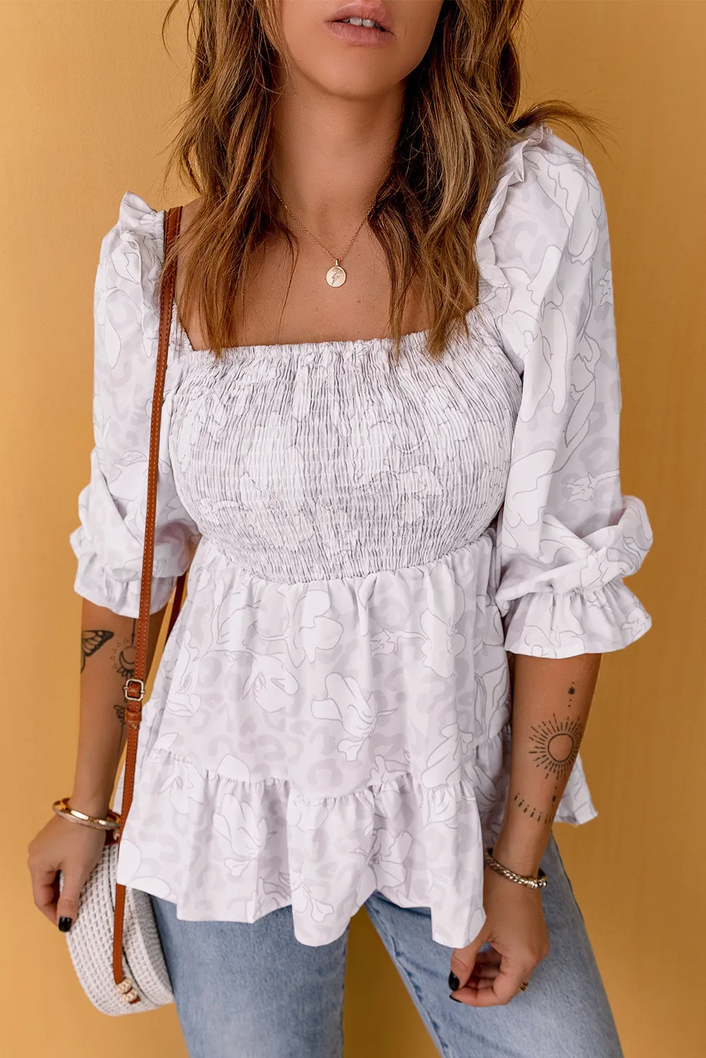 Ruffled Pleated Su Fold Printed Square Collar Short Sleeve Top - White