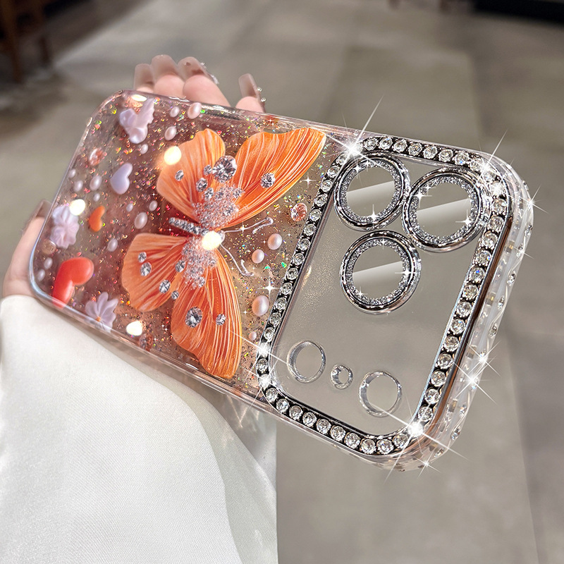 Rhinestone Butterfly Phone Case With Glitter Lens Protector Full-body Coverage