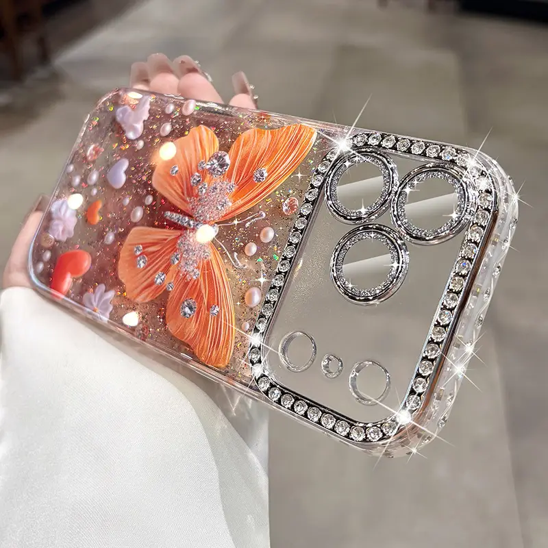 Rhinestone Butterfly Phone Case With Glitter Lens Protector Full-body Coverage