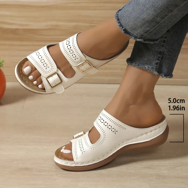 Women's Carved Belt Buckle Platform Wedge Lightweight Sandals White - Shop at LoveMi