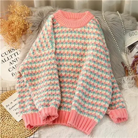 Soft Glutinous Plaid Autumn And Winter Coarse Yarn Sweater Loose Pink - Shop at LoveMi